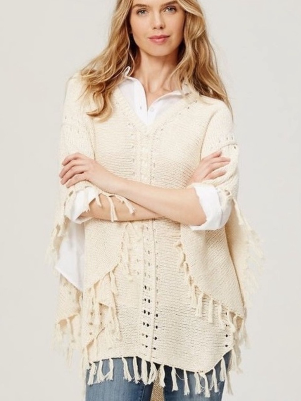 Ann Taylor Loft Fringe Tassle Knit Poncho Womens XS Small